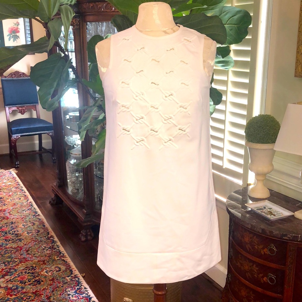 NEW TIbi White Cutout Structured Knit Sleeveless Dress sz XS Lanyard Embroidered